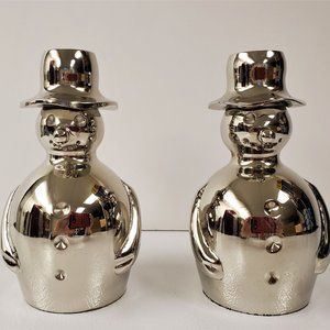 Set of 2 Crate & Barrel Silvertone Metal Snowman Candlesticks Candle Hol…
